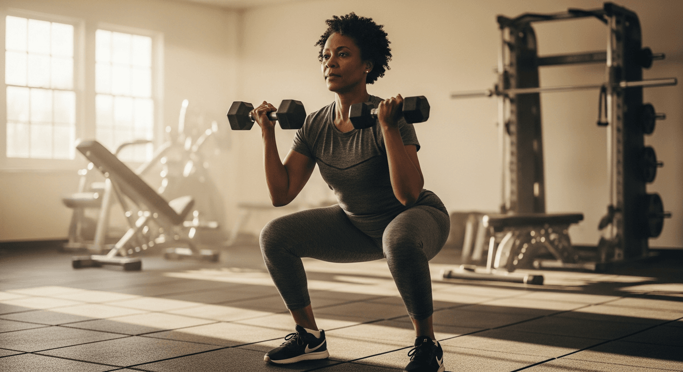 Black woman in her 50s performing a controlled dumbbell squat in a warmly lit community gym with natural light.