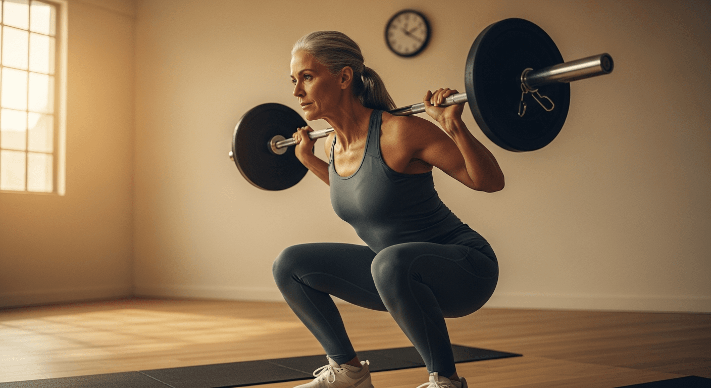 Middle-aged woman with silver hair performing a barbell squat in a warmly lit gym.