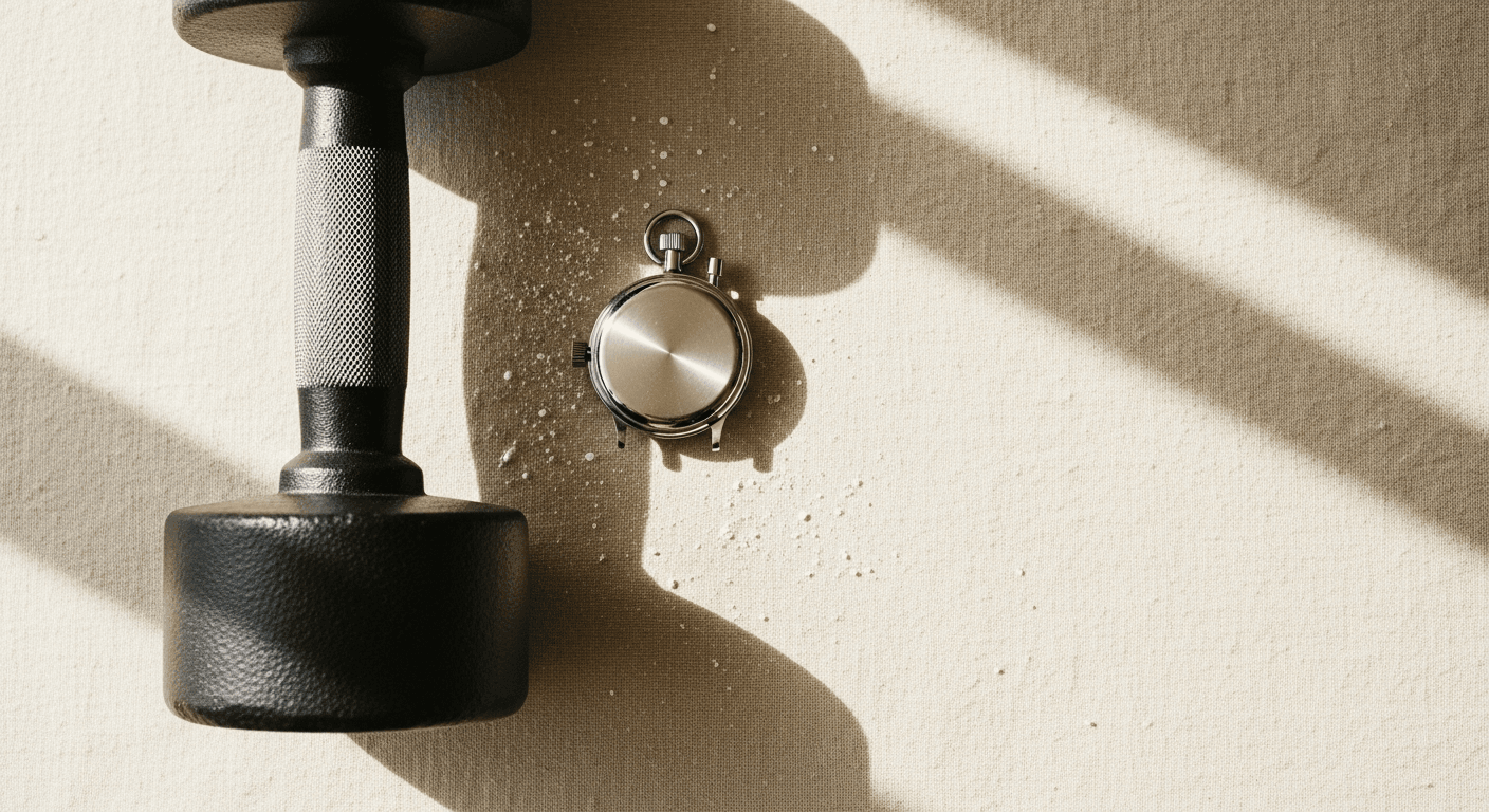 Cast-iron dumbbell and mechanical stopwatch on cream linen with chalk dust, shot from directly above.