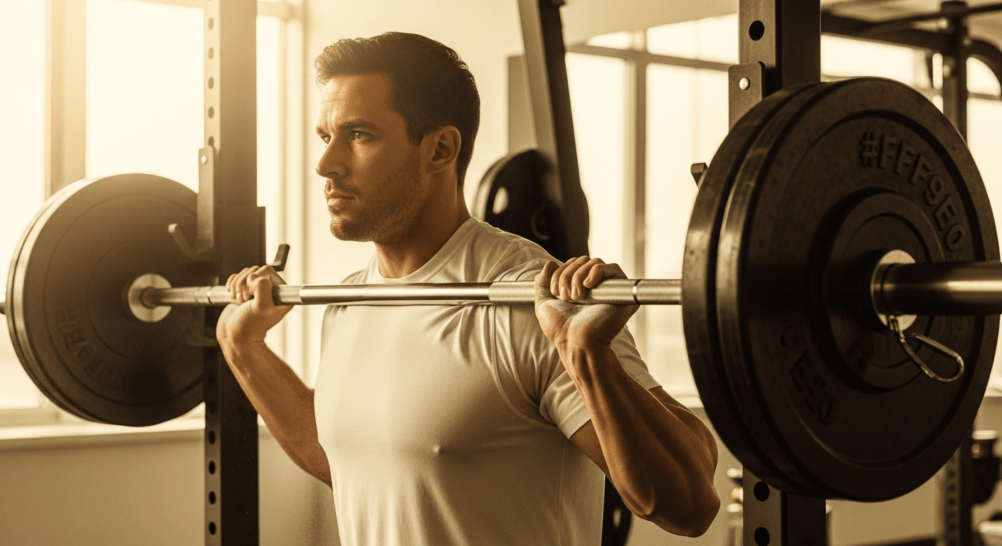 A male athlete in his 30s loads a barbell onto a squat rack with chalk-dusted hands in warm golden gym light.