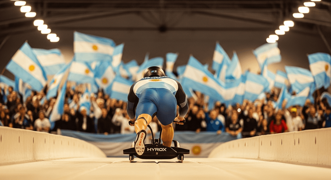 HYROX athlete performing sled push with Argentine flag-waving spectators cheering in the background at an indoor venue.