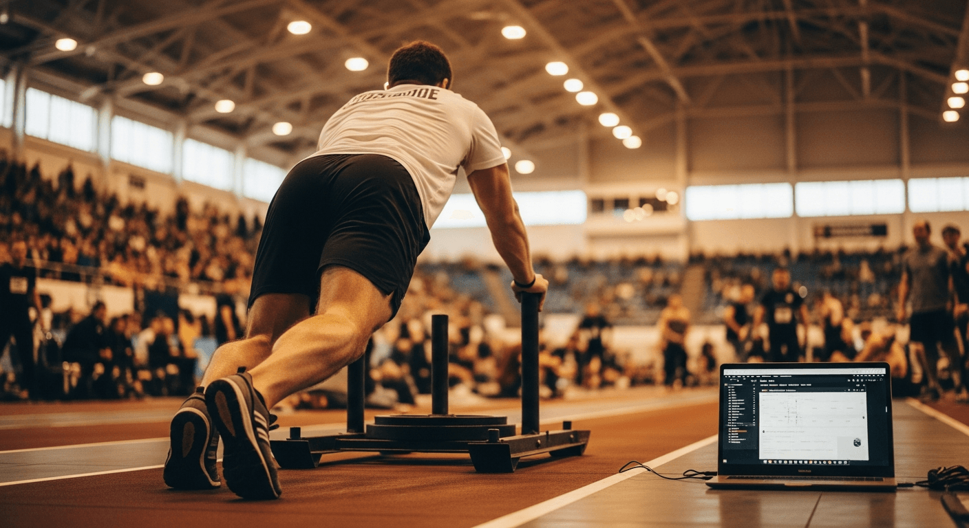 Sweaty athlete pushing a heavy sled during a HYROX competition in an indoor arena.