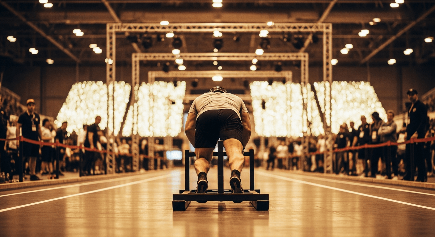 Athlete drives a steel competition sled across a packed race floor with hundreds of blurred competitors in the background.