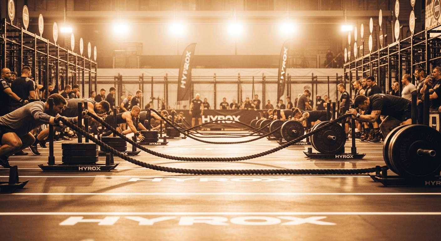 Low-angle view of a packed HYROX arena with athletes pushing sleds under warm golden overhead lighting.