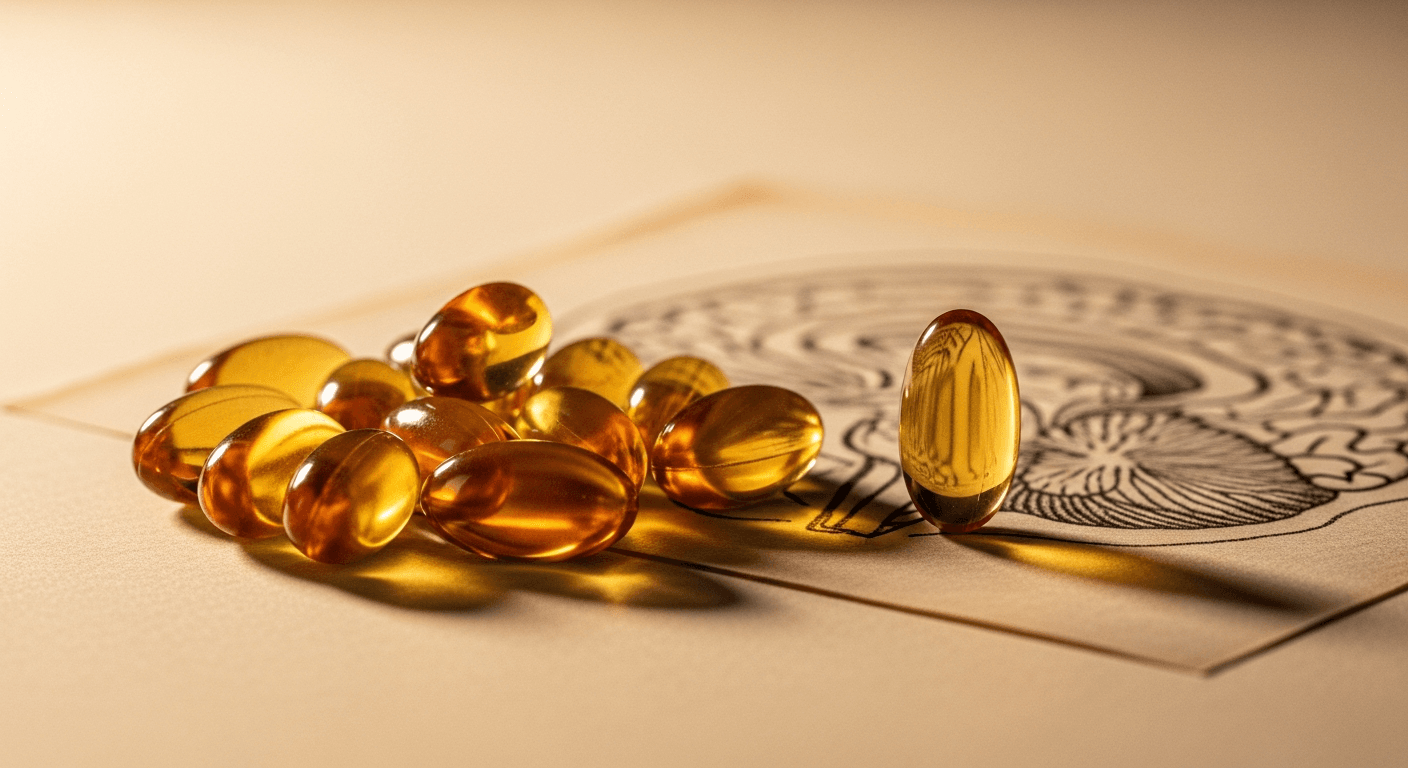 Amber joint supplement capsules beside a brain illustration on aged parchment in soft golden light.