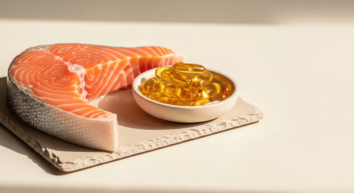 Raw salmon fillet and amber fish oil capsules on cream slate in soft natural light.