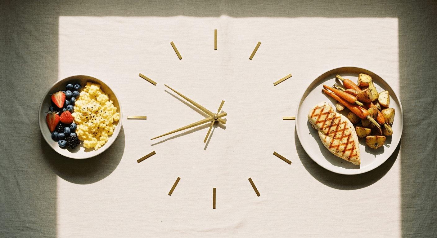 Overhead view of an analog clock with two meals positioned at different times, illustrating meal timing concepts.