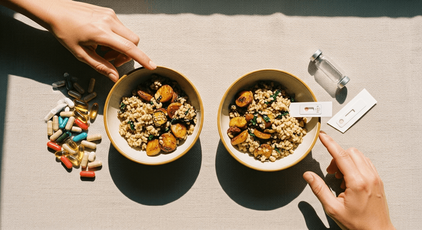 Two identical bowls with different supplements and test materials, hands reaching in from opposite sides.