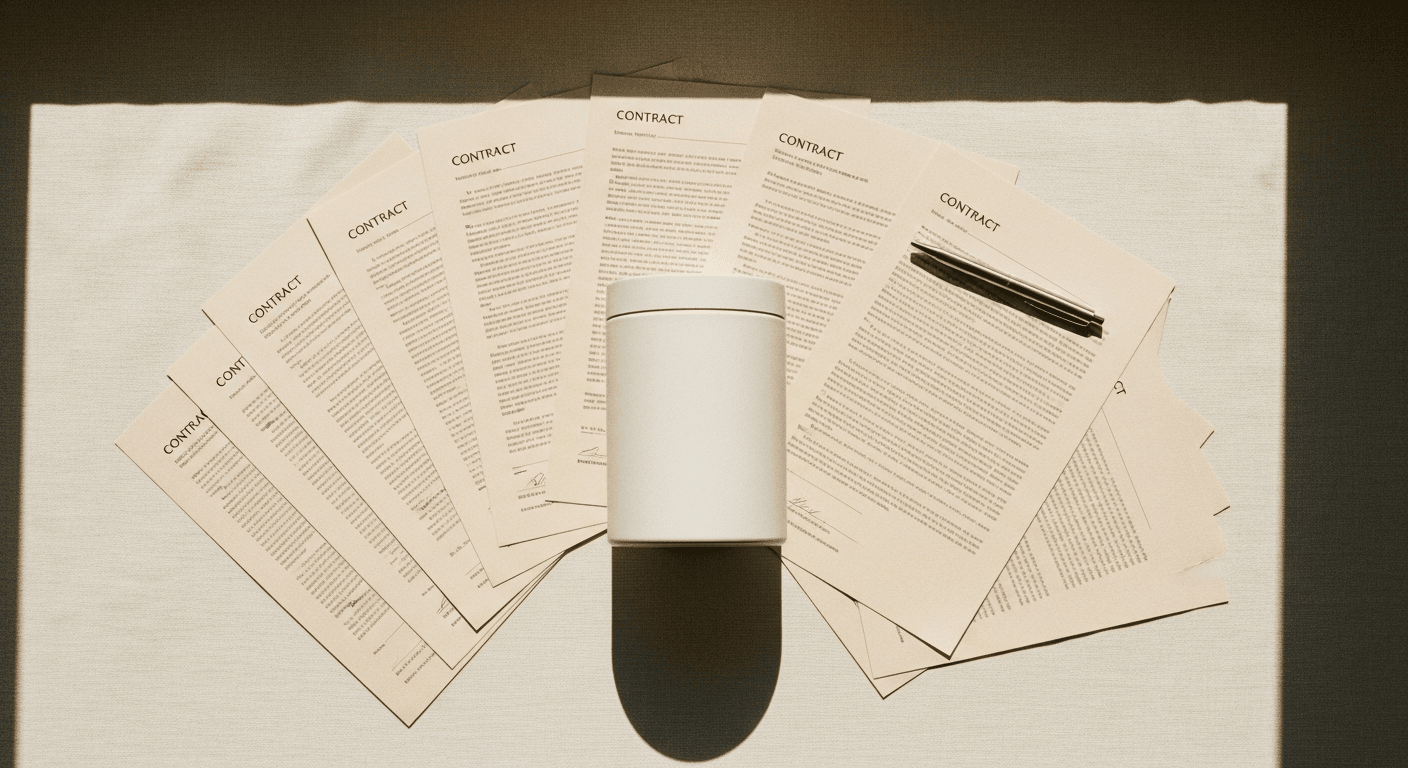 Overhead flat-lay of a white nutrition canister surrounded by fanned contract documents and pen on cream surface.