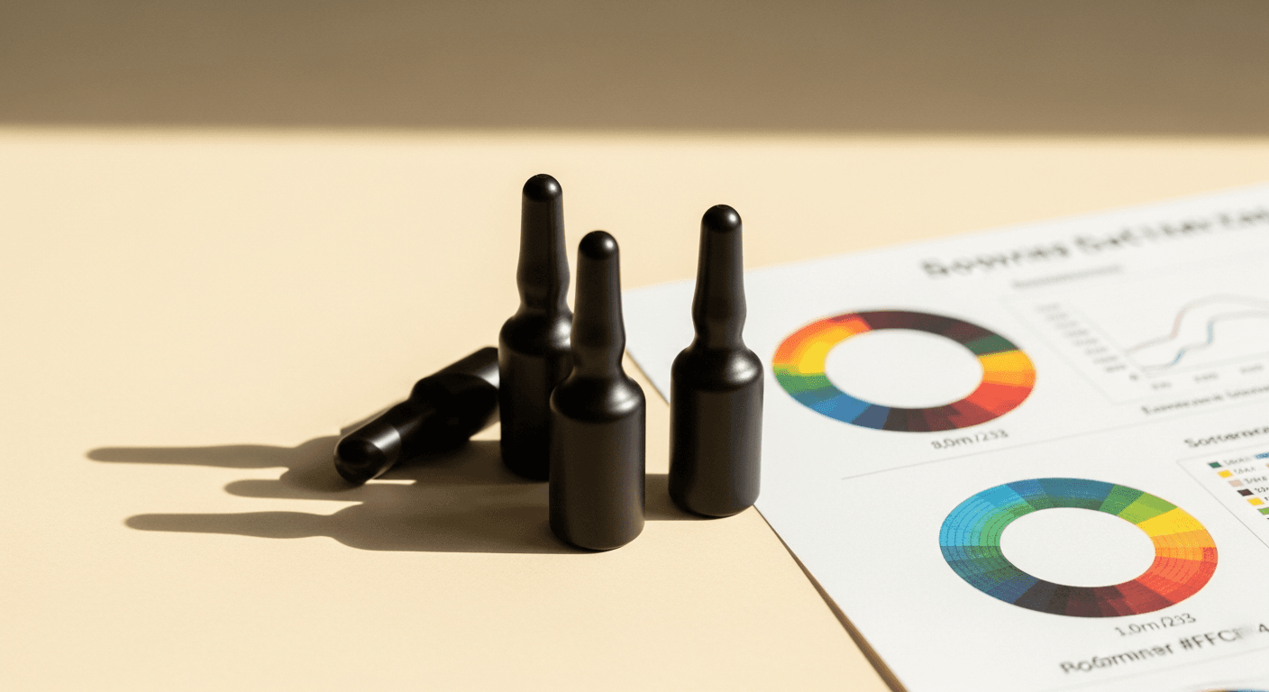 Three sleek supplement vials beside a biomarker data sheet in warm golden light.