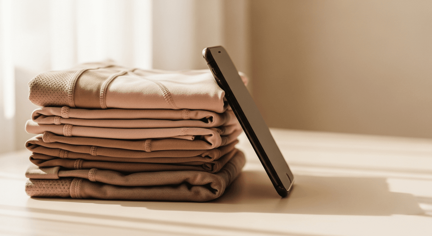 Folded stack of blush and taupe activewear next to a black smartphone on a cream surface.
