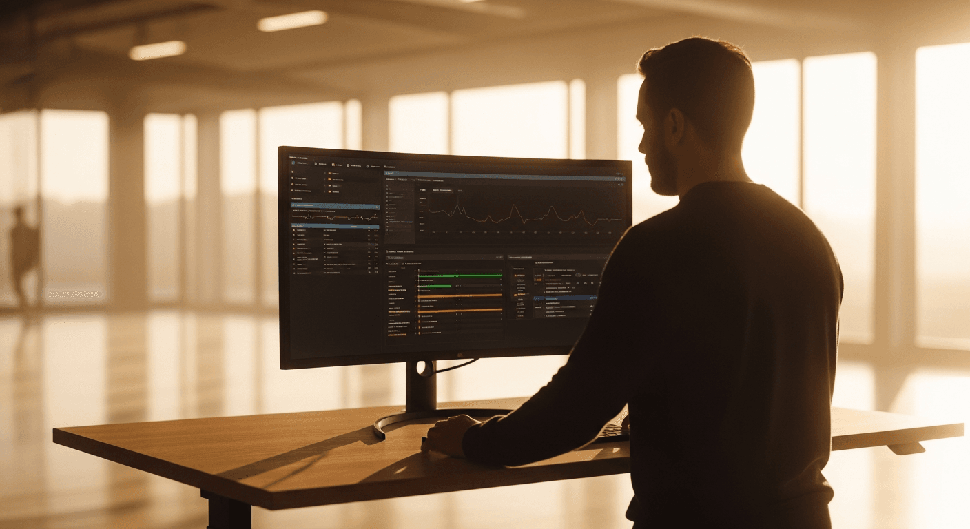 Athletic coach reviews fitness analytics on a curved monitor at a standing desk in a gym lit by warm golden morning light.