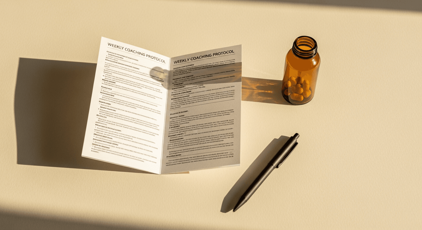Minimalist overhead flat-lay: blurred coaching document, amber bottle, and black pen on warm cream surface.