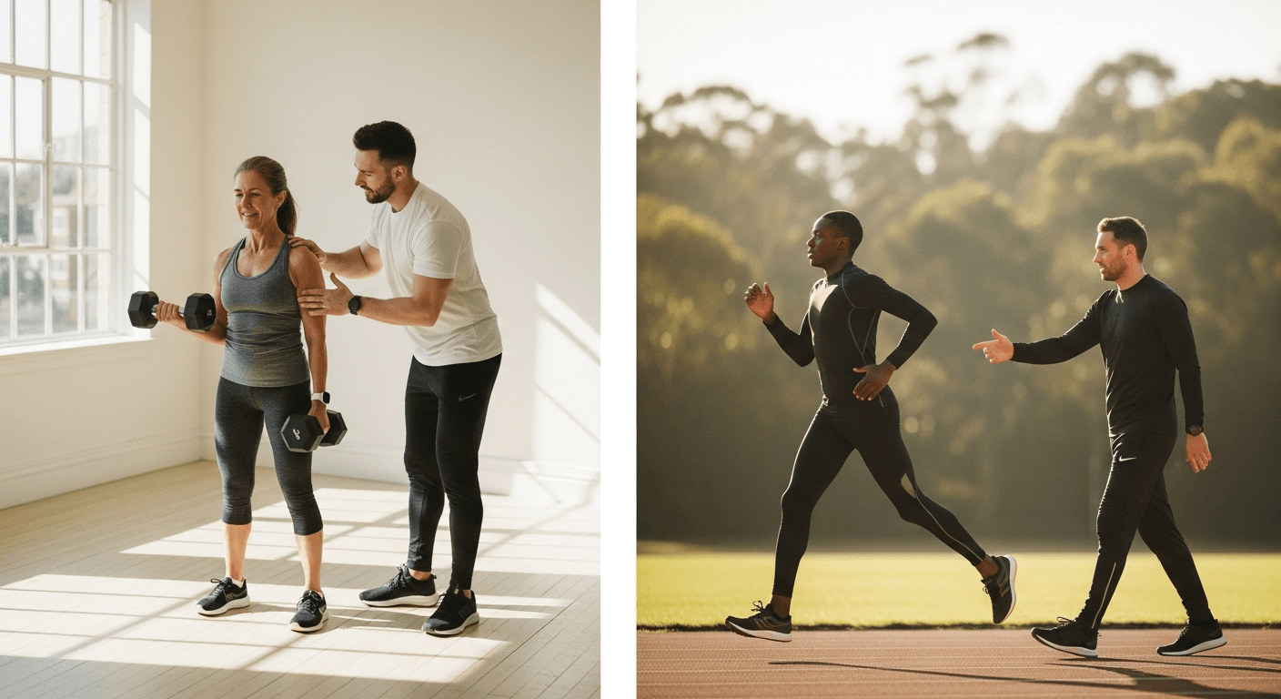 Split-frame image: older woman lifting dumbbell with coach's guidance on left; male athlete running on track with coach on right.