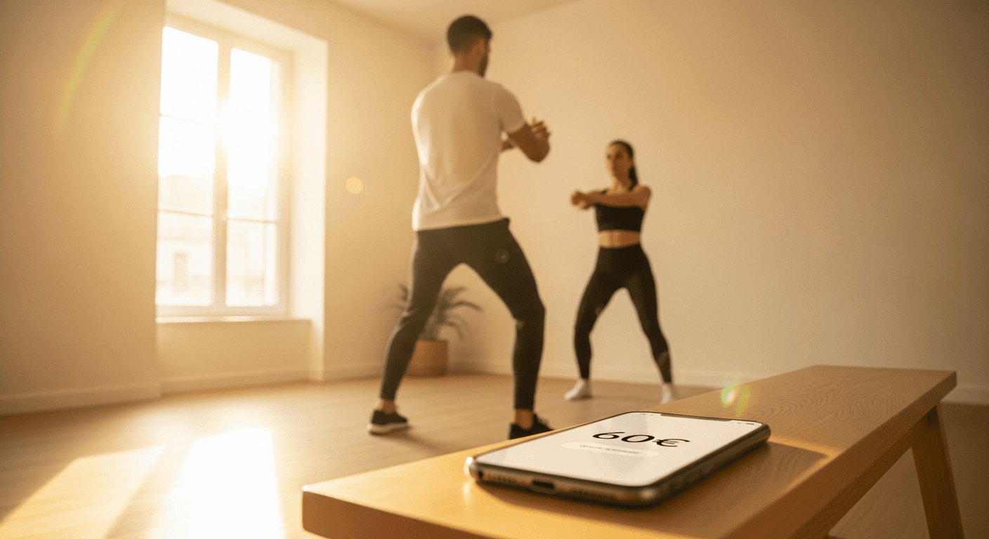 French fitness coach directing a client in a sunlit studio with a smartphone displaying a €60 pricing rate in the foreground.