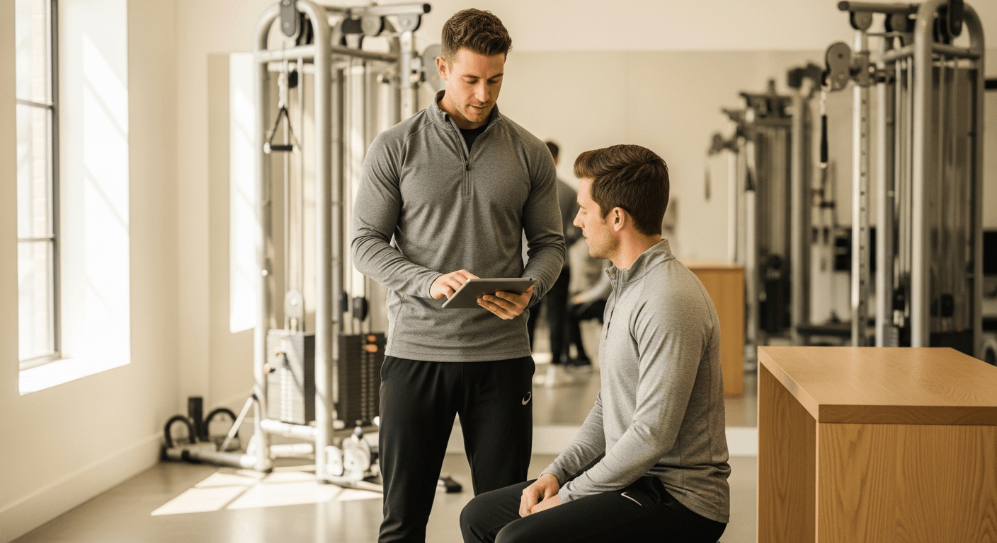 A personal trainer in athletic wear consults a tablet with a seated client in a bright, modern studio.