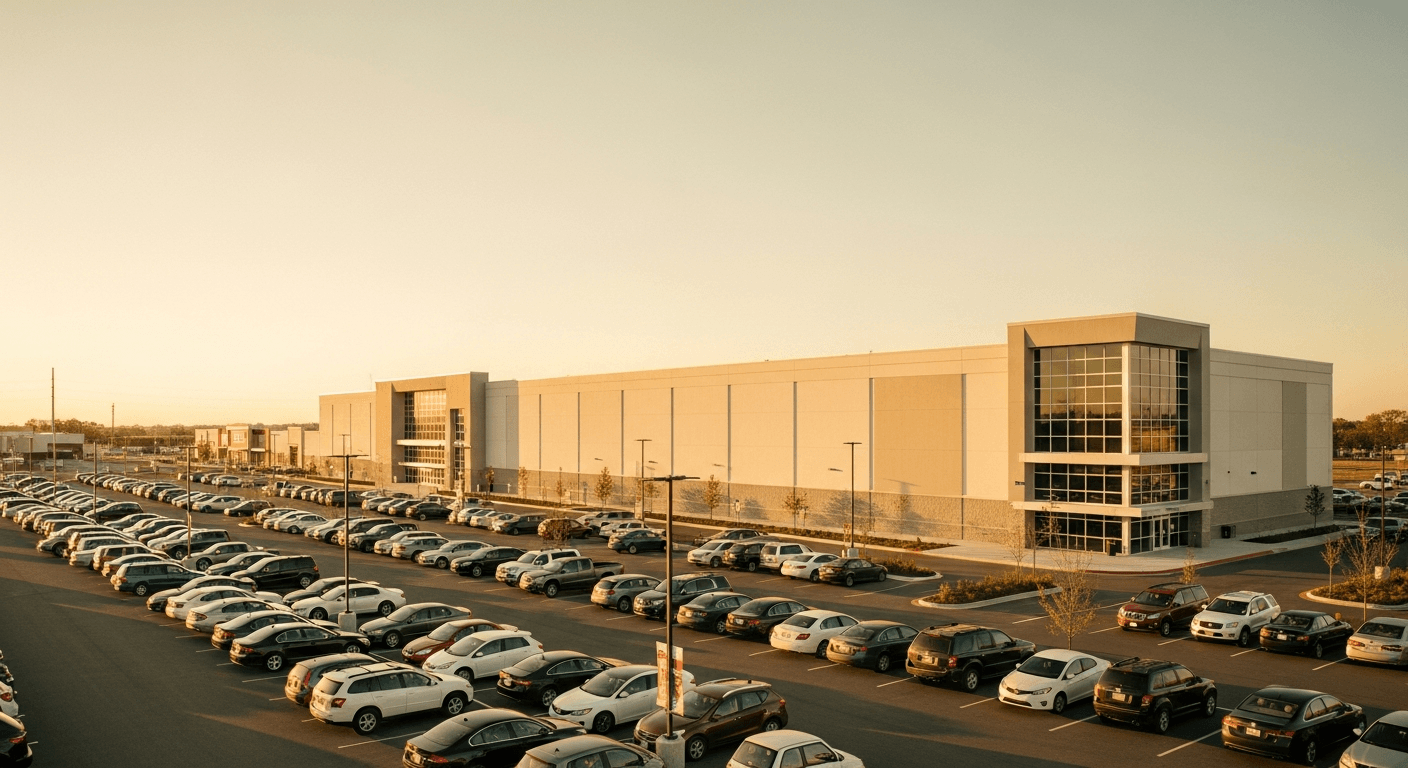 Modern gym building exterior at golden hour with full parking lot, shot from low angle emphasizing architectural scale.