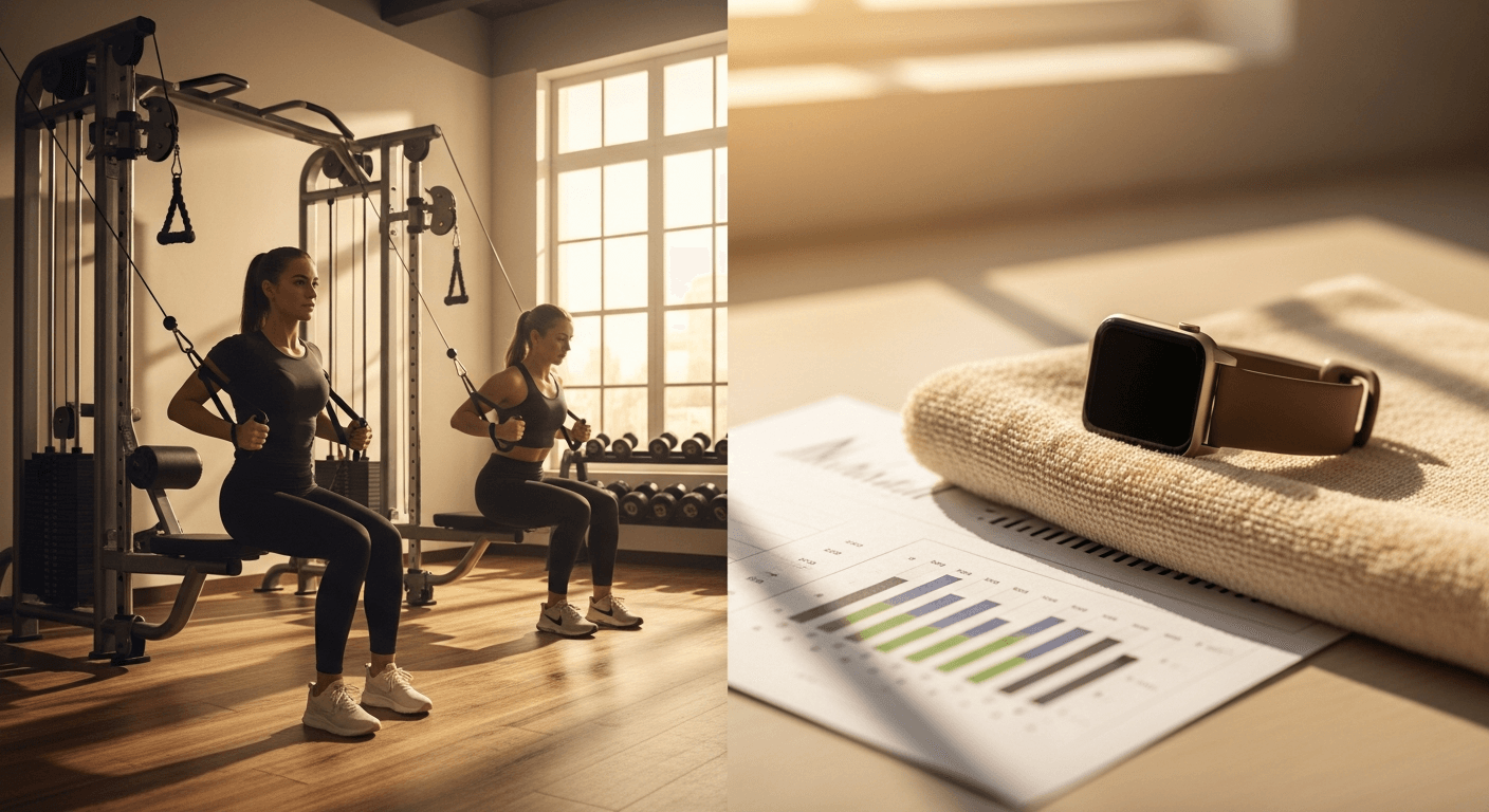 Split-frame gym scene: exercisers on cable machines left, smartwatch and blurred data chart right, unified by warm golden light.