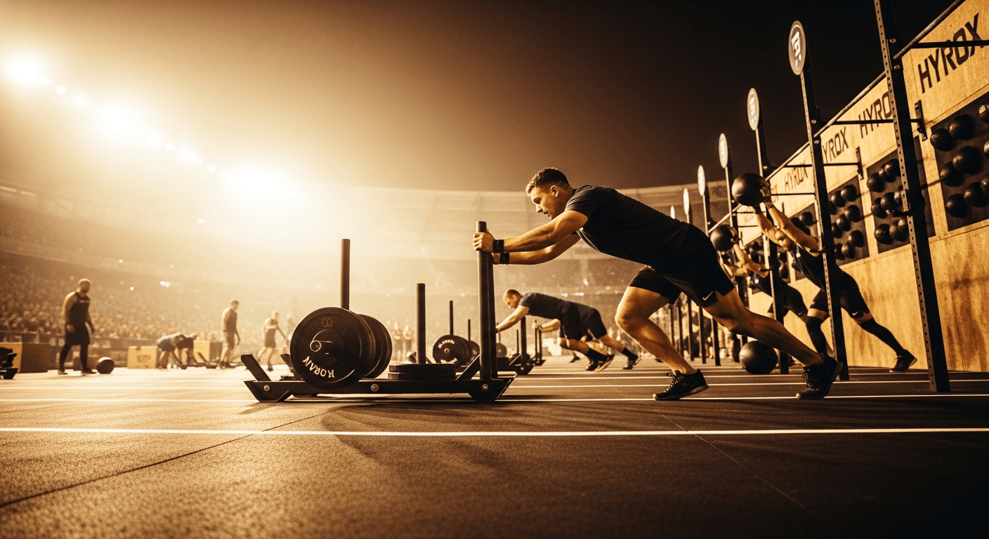 Athletes competing in a fitness arena, pushing weighted sleds and throwing medicine balls under warm golden stadium lighting.