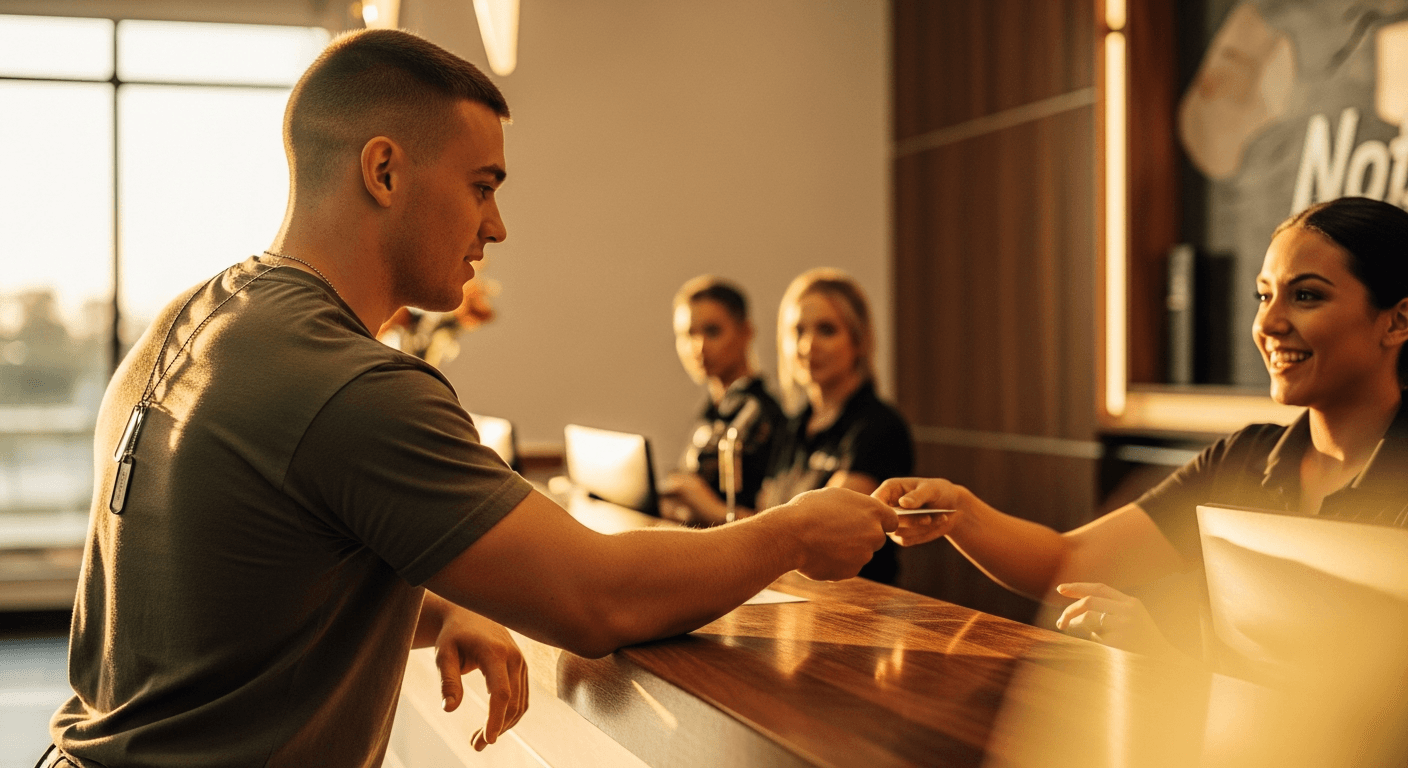 Young Army recruit in PT shirt with dog tags hands document to smiling gym staff member at reception desk in warm golden light.