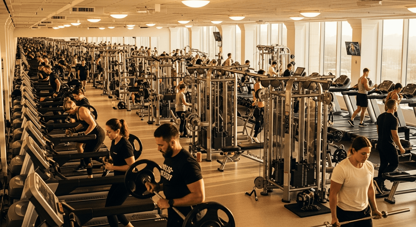 A crowded premium gym at peak hours with dozens of members lifting weights, running on treadmills, and training with cables under warm golden light.