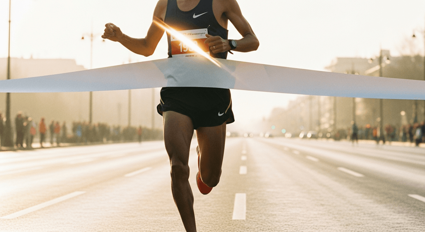 Elite runner breaking through finish line tape on an urban road in warm golden morning light.