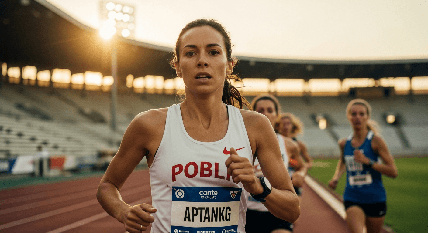 Elite female distance runner mid-race on stadium track with intense expression, golden lighting, blurred background.