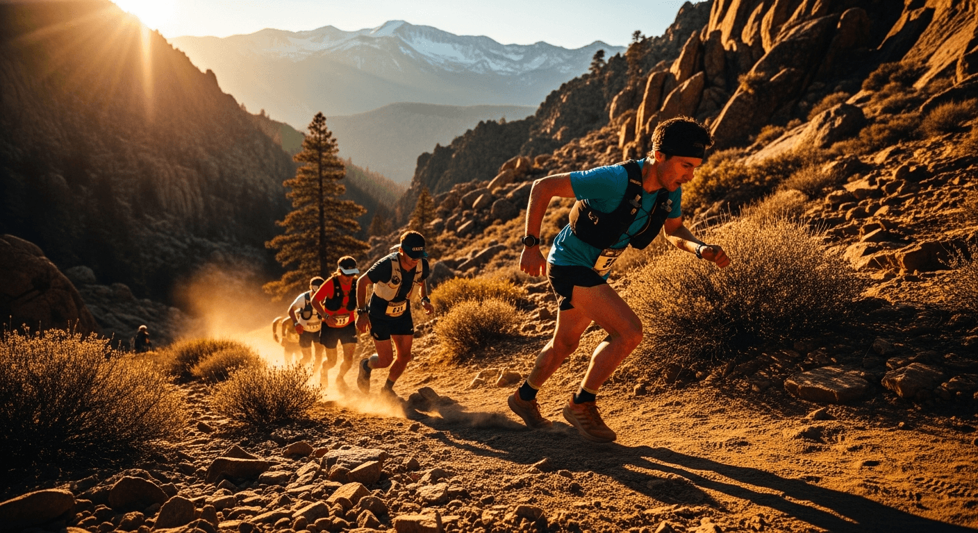 Three elite trail runners descend a steep rocky canyon in golden light, dust rising from their competitive footfalls.