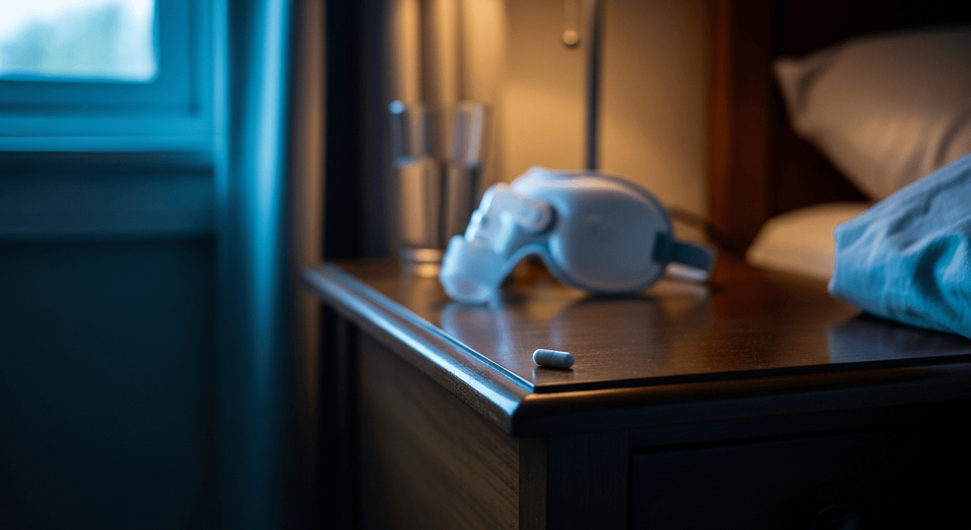 A white pill sits on a bedside table with a blurred CPAP mask and glass in a dimly lit bedroom.