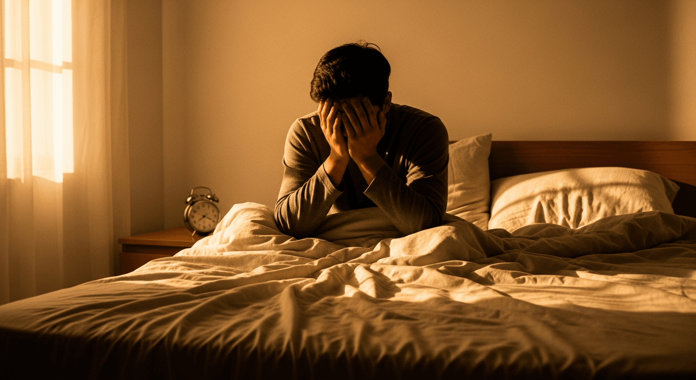 Person sitting on a rumpled bed with face in hands, expressing exhaustion in warm morning light.