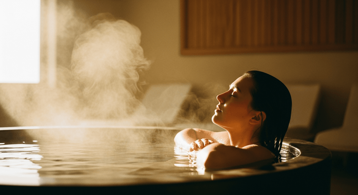 Person submerged in a cold plunge tub with eyes closed, steam rising in a warm wellness studio setting.