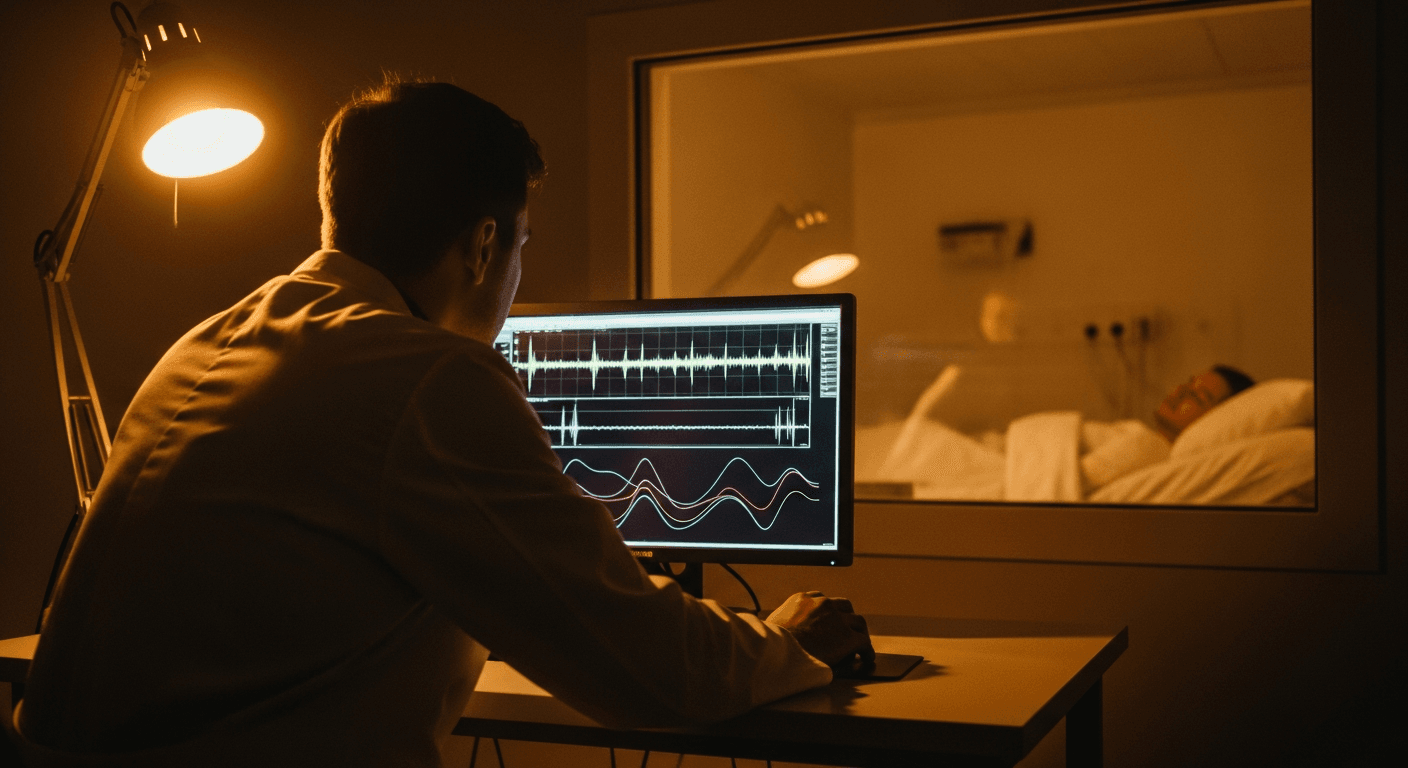 A sleep researcher monitors waveform data in a warmly lit laboratory during a sleep study.