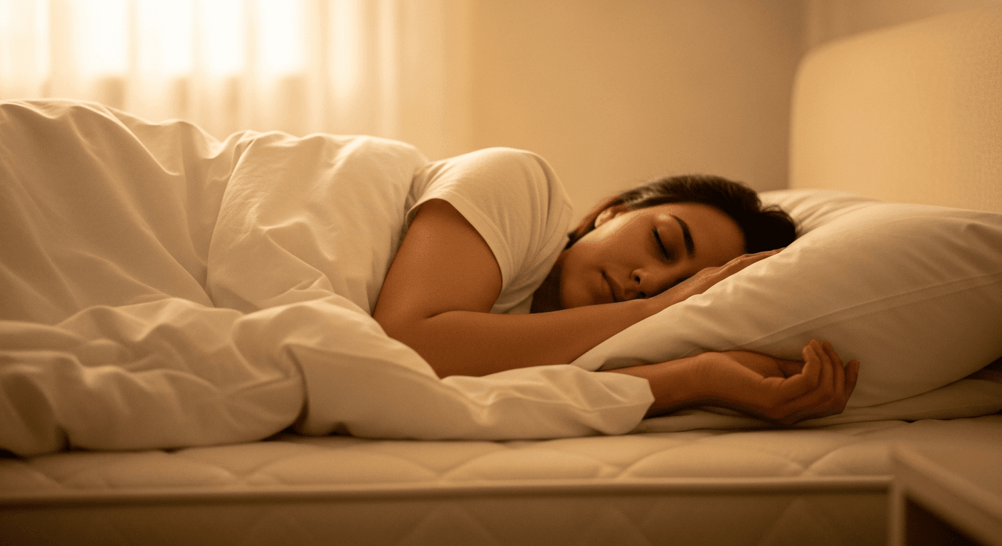 A person sleeps peacefully in cream bedding, bathed in soft golden morning light from a window.