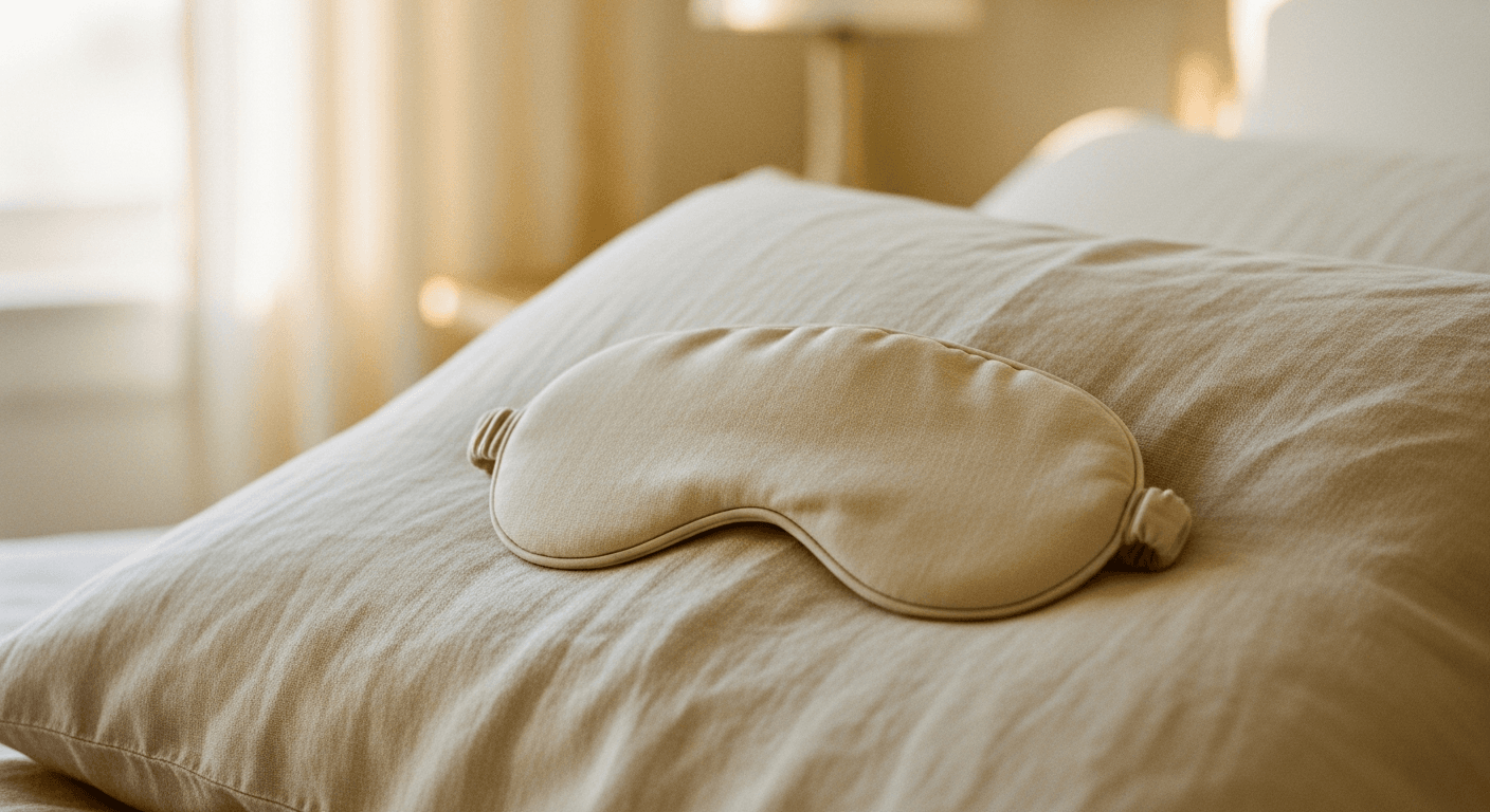 A cream linen sleep mask rests on a rumpled linen pillowcase in soft morning light.