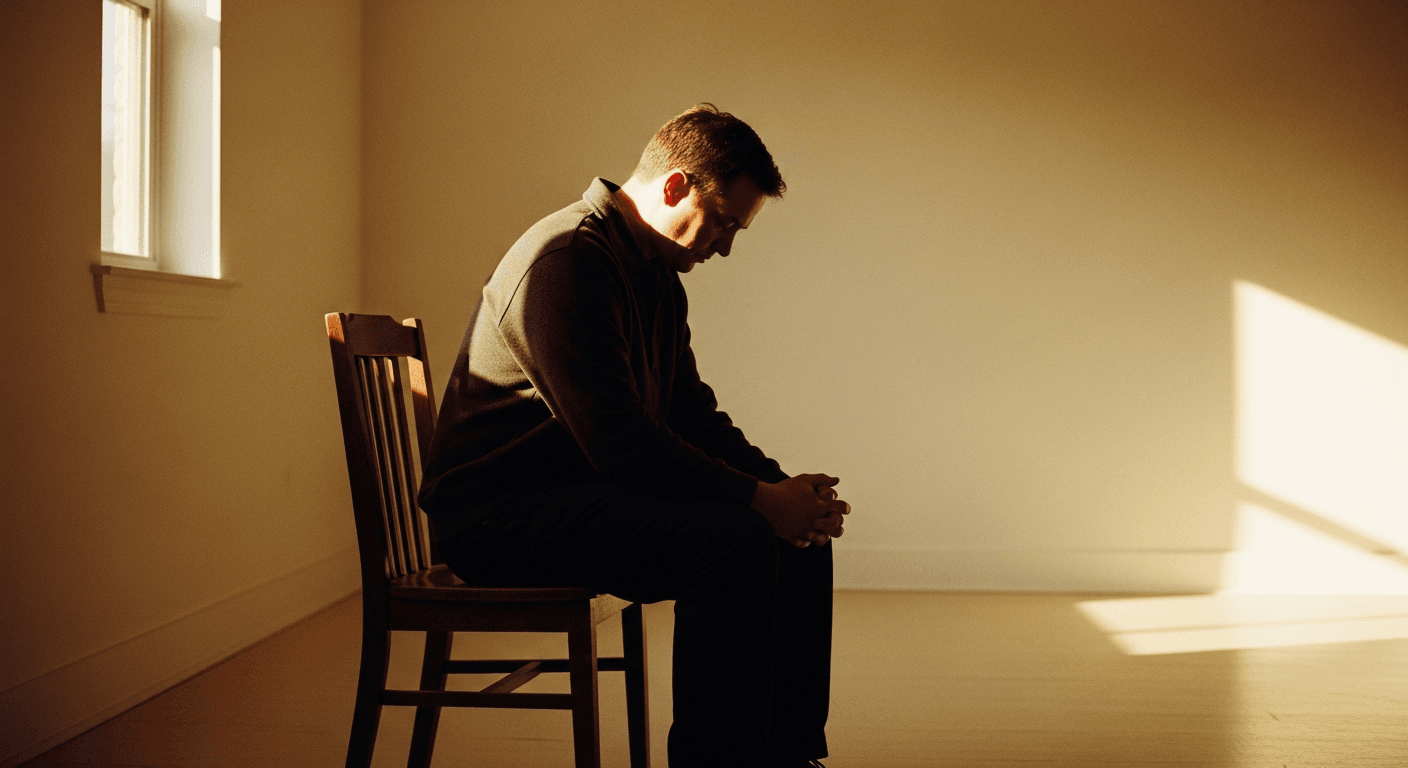 A solitary adult sits on a wooden chair with bowed head in warm, diffused golden light.