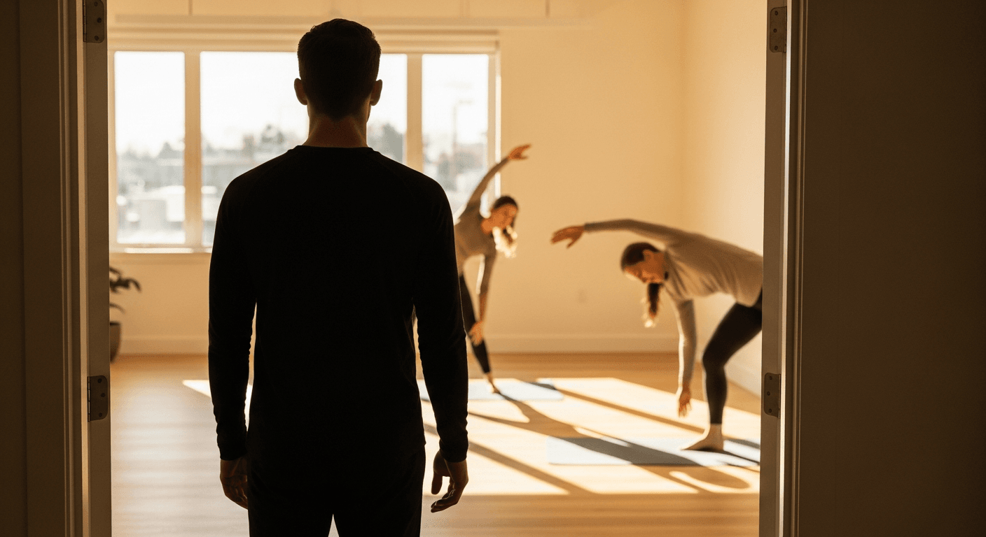 Employee hesitates at the entrance of a bright wellness room while colleagues stretch on yoga mats in warm sunlight.