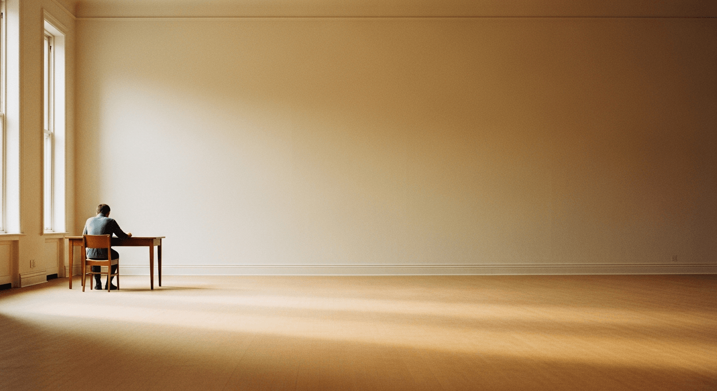 A solitary figure sits at a desk in a vast empty room, back to camera, bathed in warm golden light.