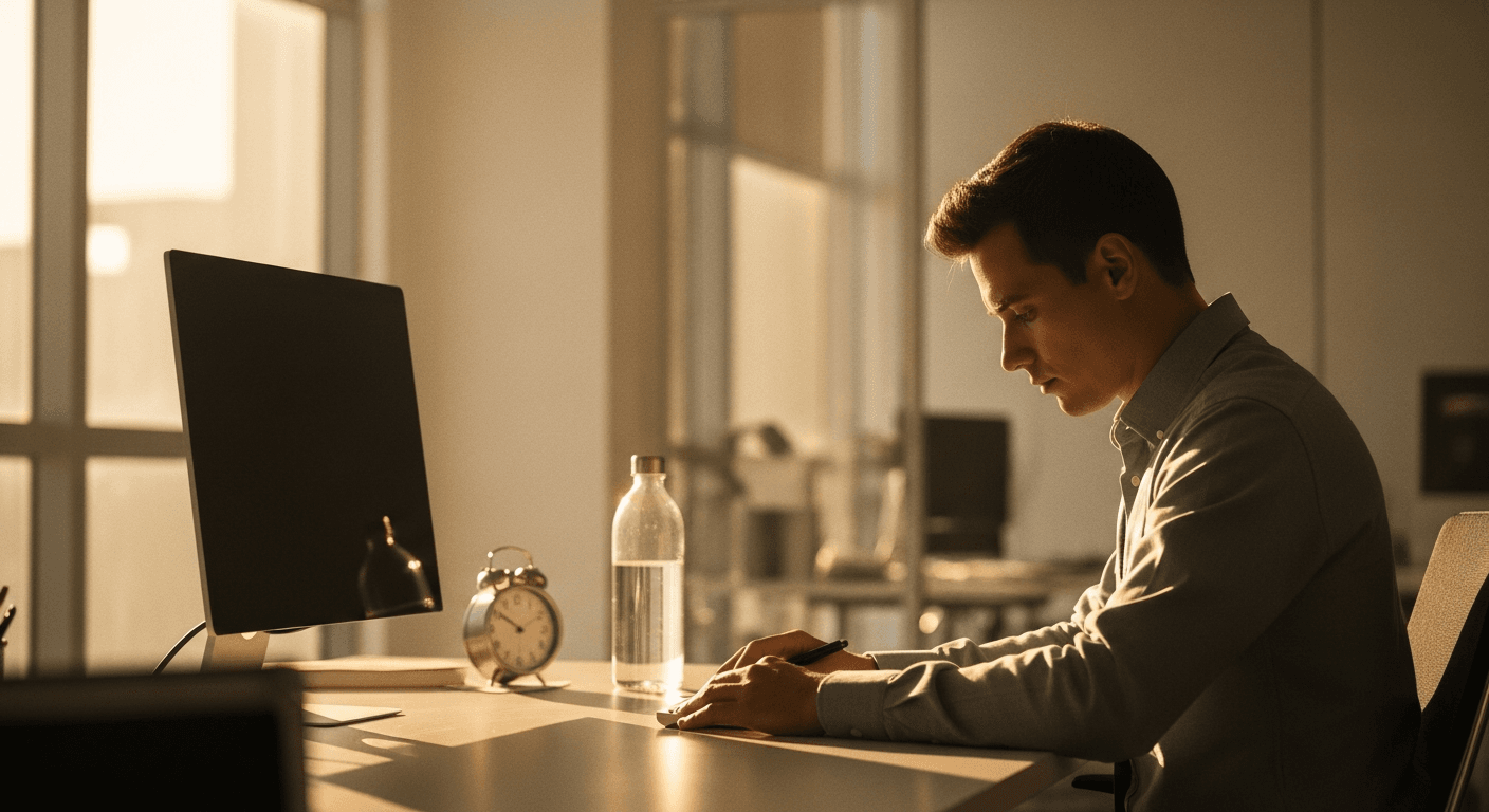 Office worker seated at desk in golden light, posture revealing the stillness of prolonged sedentary work.