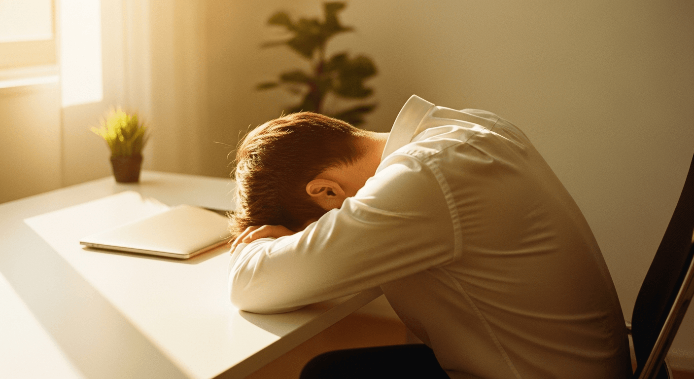 Exhausted office worker with head resting on arms at a minimalist desk, bathed in warm golden light.