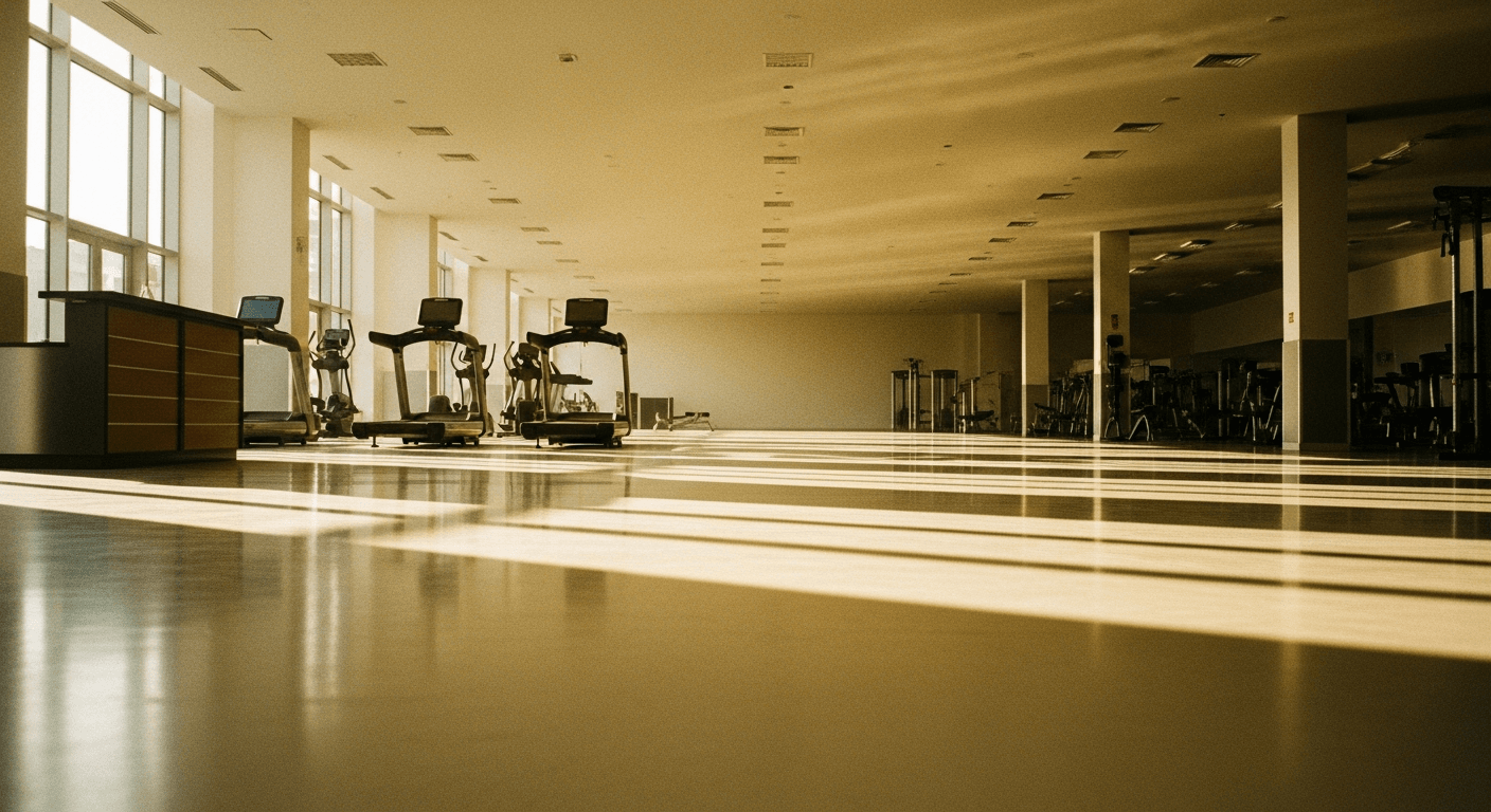 Empty gym floor with idle equipment and polished concrete, softly lit by warm late-afternoon golden light.