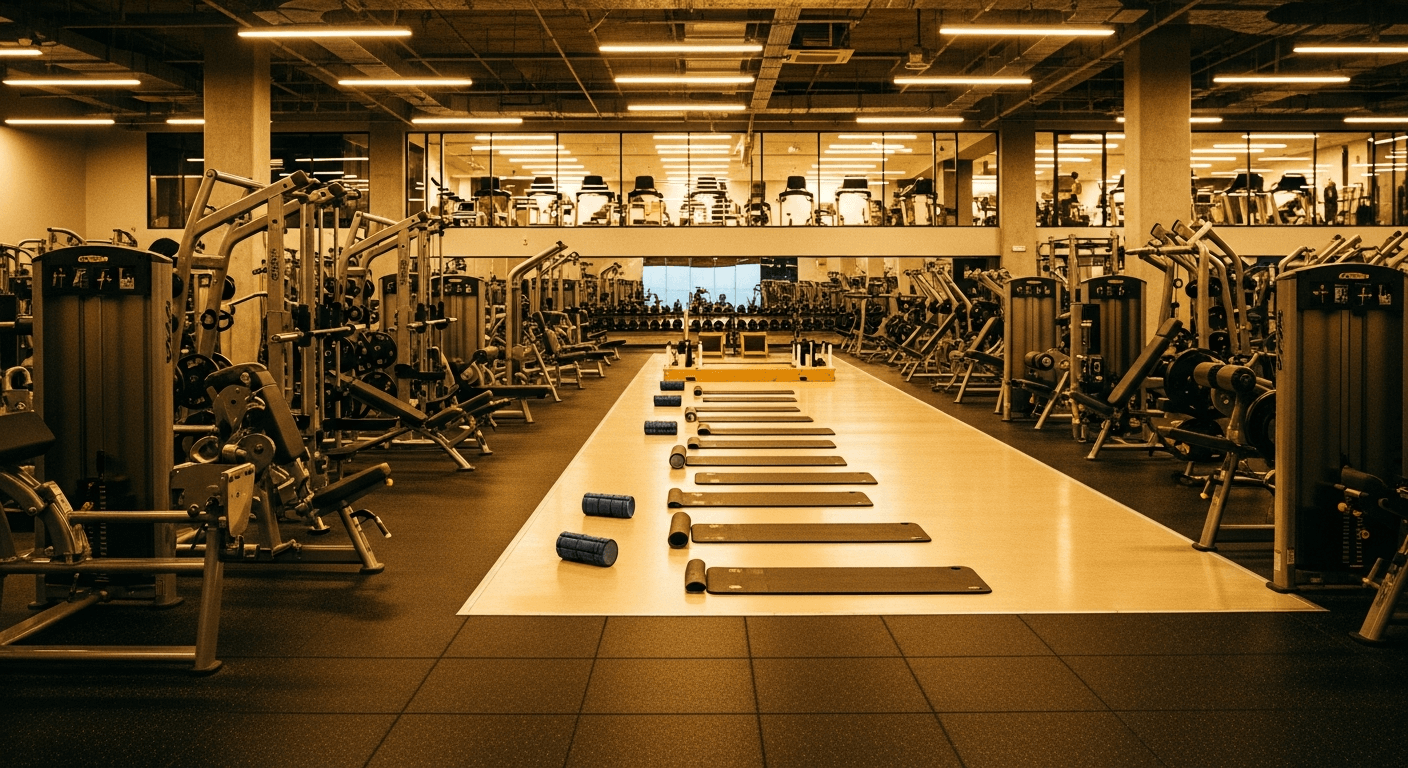 Modern gym interior with equipment, recovery zone, and studio space bathed in warm golden light.
