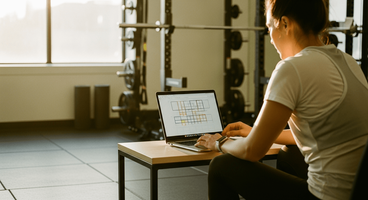Fitness studio owner working at a desk near gym equipment in warm golden natural light.