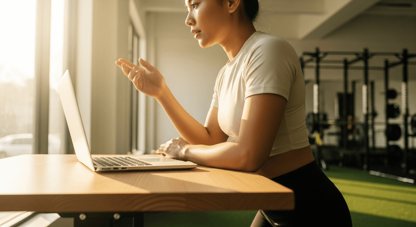 A confident personal trainer leaning toward a laptop at a standing desk in a bright, modern gym studio.