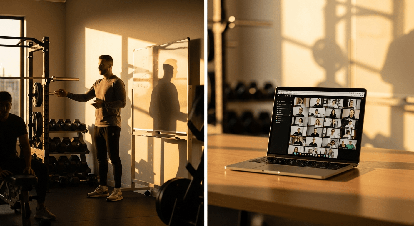 Coach guides athlete in-person while laptop displays remote clients in warm golden-hour studio lighting.