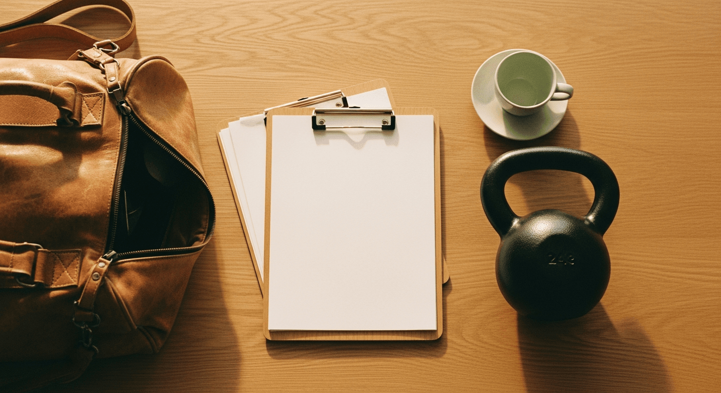 Flat-lay of fitness equipment including clipboard, kettlebell, and gym bag on warm wooden surface.