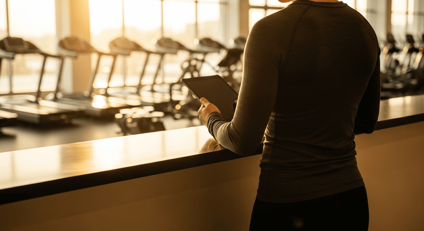 Gym manager in athletic wear holding a tablet at reception desk, bathed in warm golden light.
