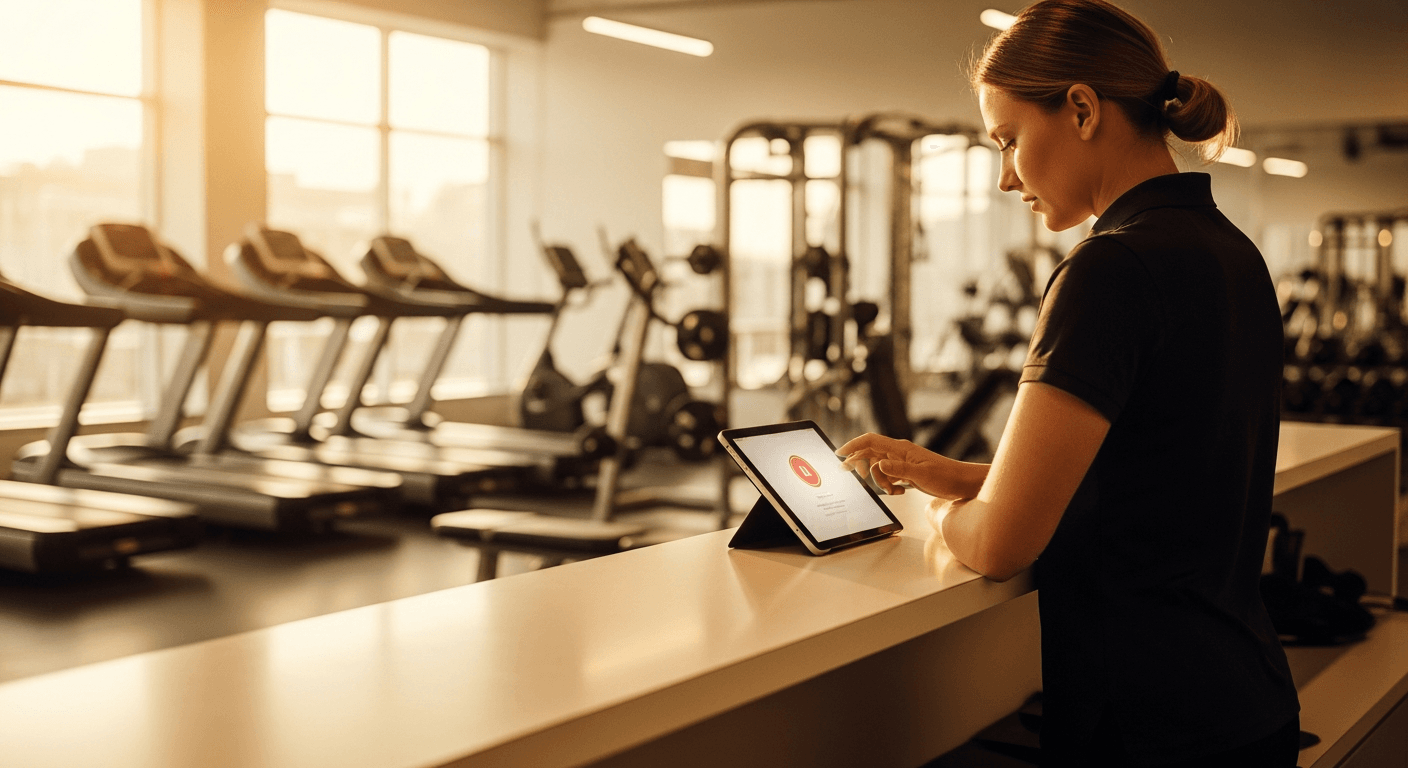 Gym staff member focused at reception desk with warm golden afternoon light streaming through windows.