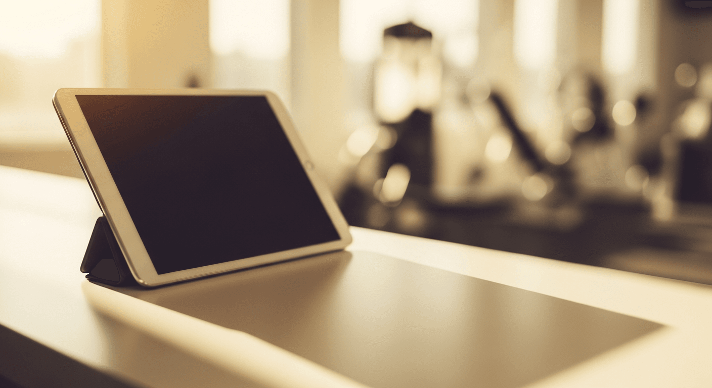 Tablet on a gym reception desk bathed in warm golden natural light.