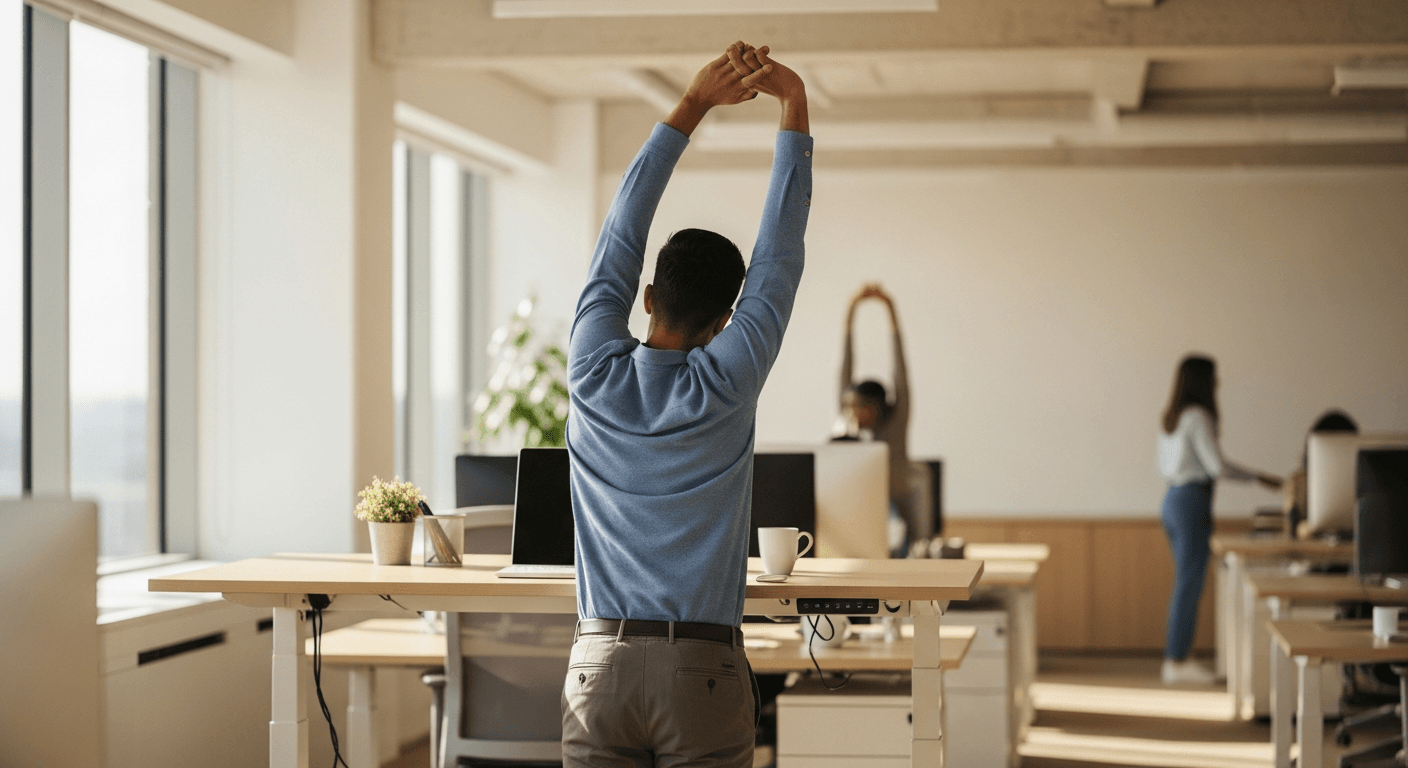 Professional stretching at standing desk in bright modern office with colleagues in background.