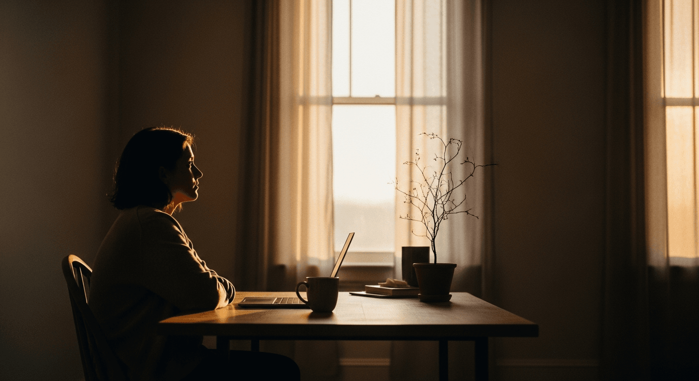 Solitary remote worker at home desk gazing out window in warm golden afternoon light.